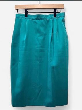 Vintage MCM Pleated Knee Length Pencil Skirt Teal Feminine Office Fall Retro